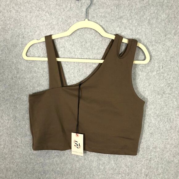 Sincerely Jules Crop Top Large Brown Tank Asymmetric Cutout Neutral Active Gym - Picture 1 of 8